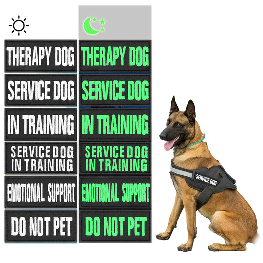 Amabro 6 Pcs Luminous Service Dog Vest Patches Removable Embroidered with Hook Reflective